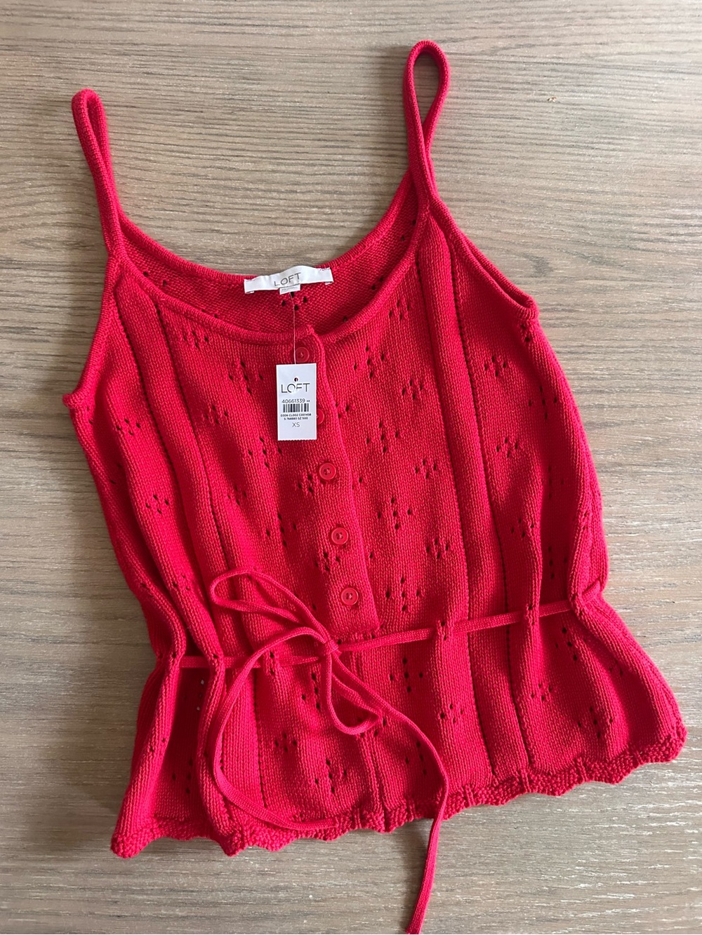 NWT LOFT Red Pointelle Knit Button Front Tie Tank XS